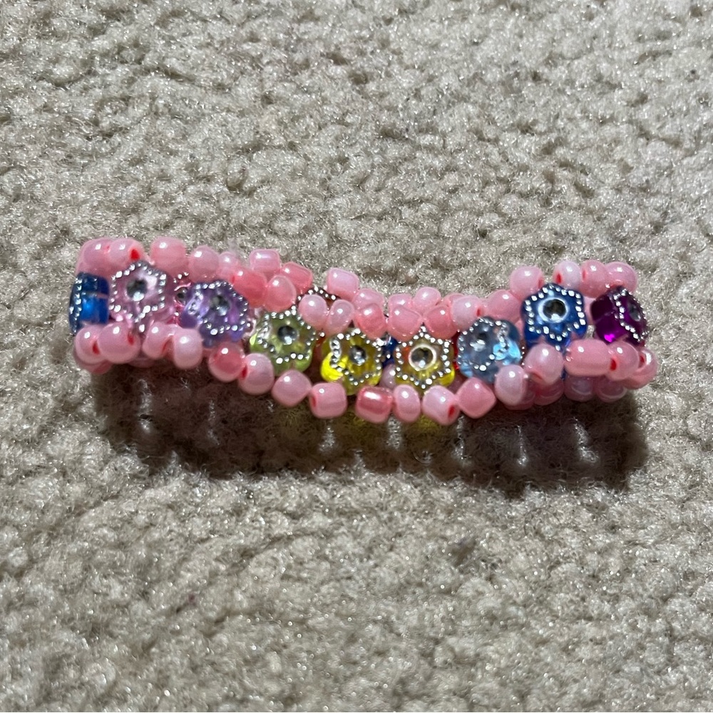 Pretty beaded bracelet with multicolored gems and pink embroidery!!! A stunner